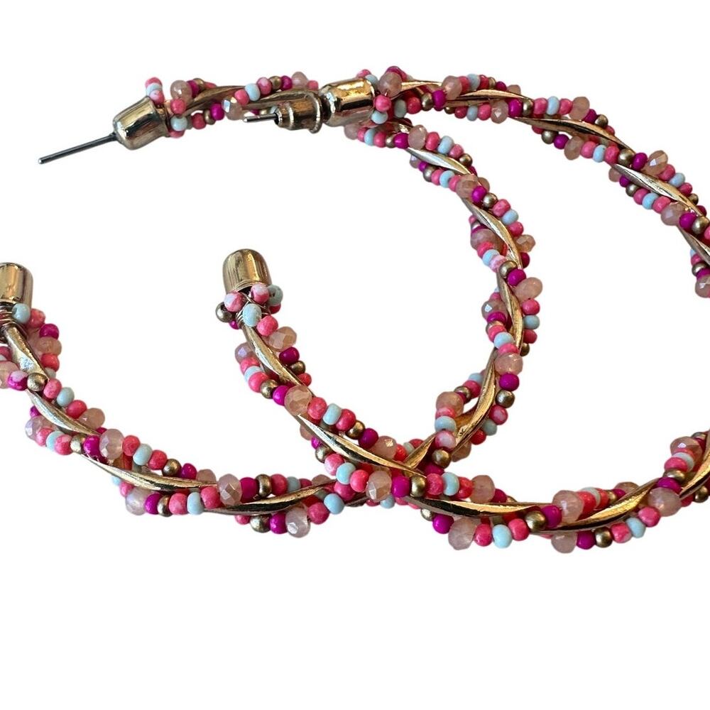Beaded Multi Color Open Hoop Earring Studs - Picture 3 of 5